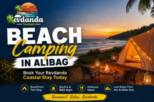 Beach camping in Alibag at Revdanda Beach with beachfront tents and bonfire