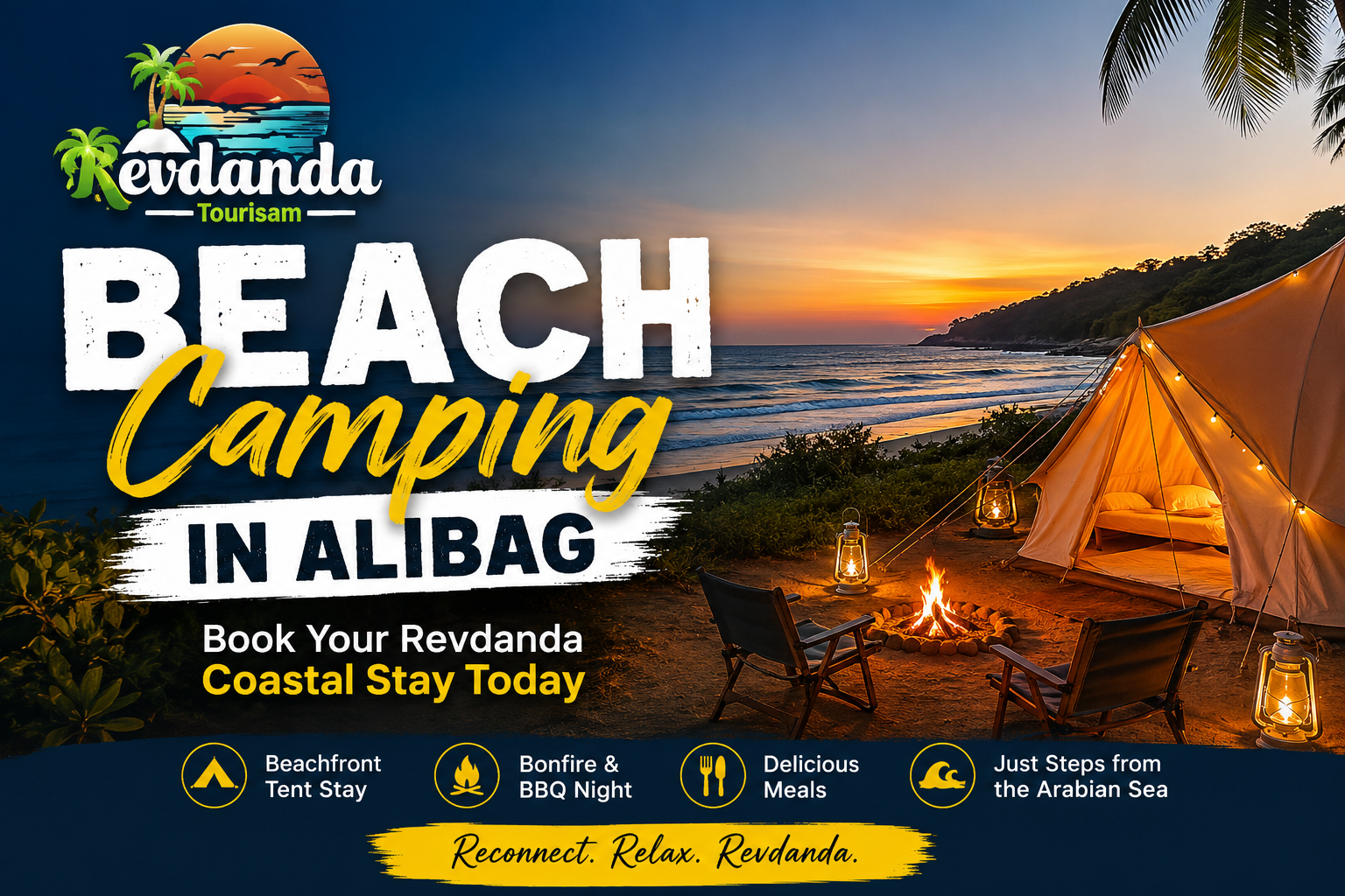 Beach camping in Alibag at Revdanda Beach with beachfront tents and bonfire