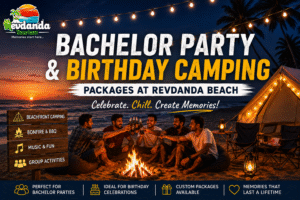 Bachelor party and birthday camping at Revdanda Beach with bonfire and tents