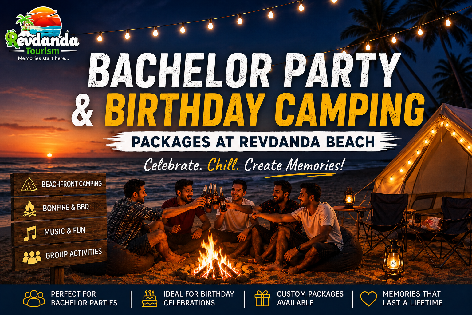 Bachelor party and birthday camping at Revdanda Beach with bonfire and tents