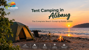 Tent camping in Alibaug beach with sunset and bonfire