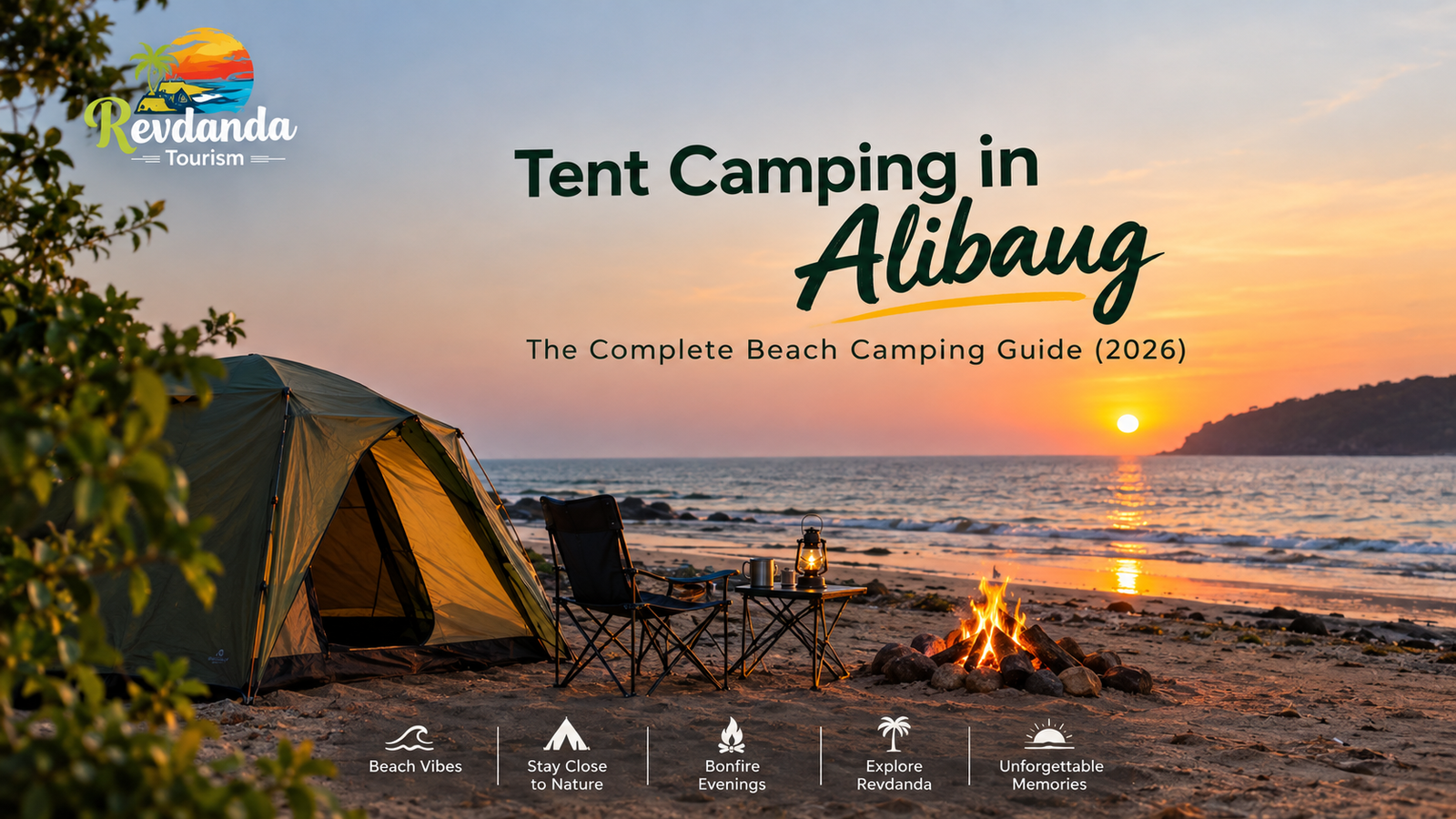 Tent camping in Alibaug beach with sunset and bonfire