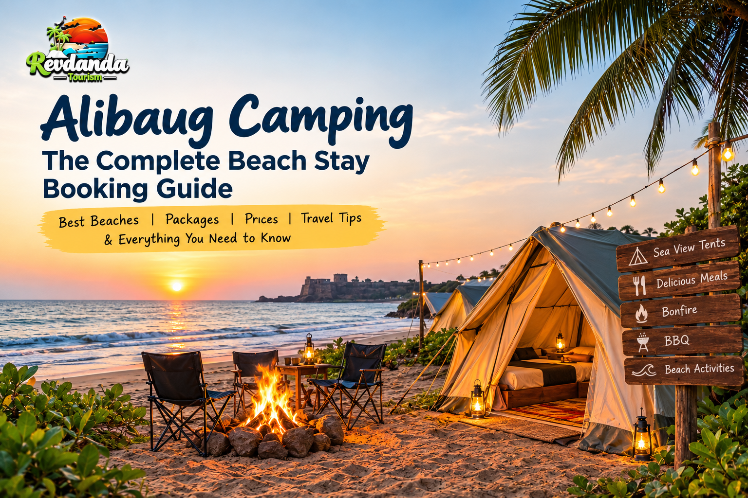 Alibaug camping beach stay with sea view tents, bonfire, BBQ and sunset at Revdanda Beach
