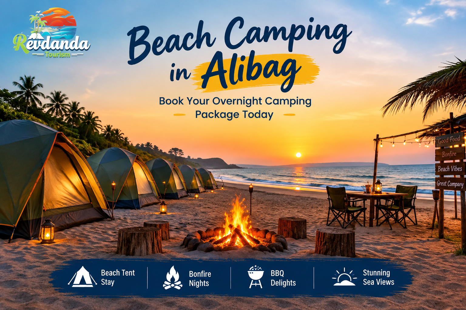 Beach camping in Alibag with overnight tents, bonfire and Arabian Sea views