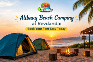 Alibaug Beach Camping at Revdanda with tents and a beachside campfire at sunset