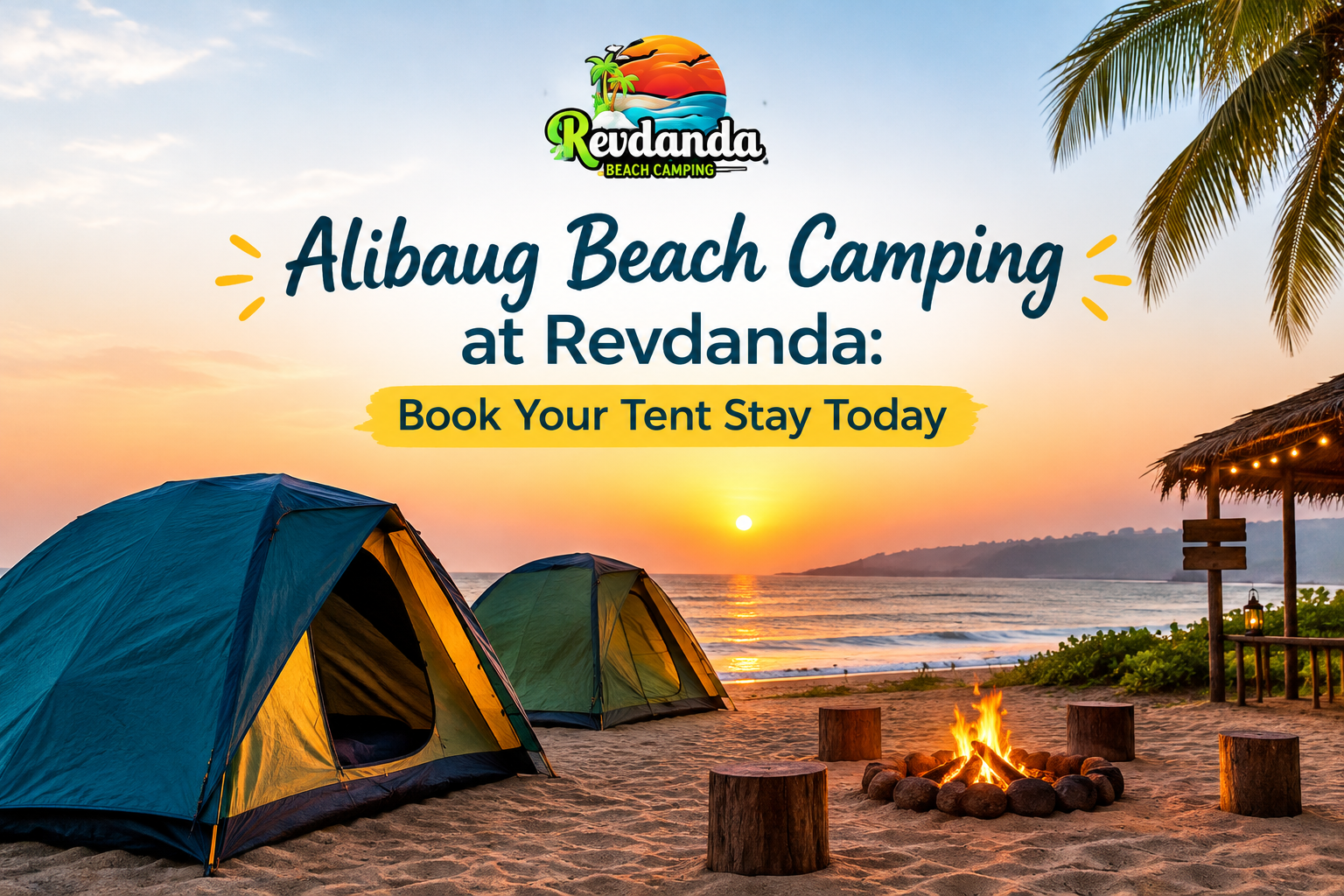 Alibaug Beach Camping at Revdanda with tents and a beachside campfire at sunset